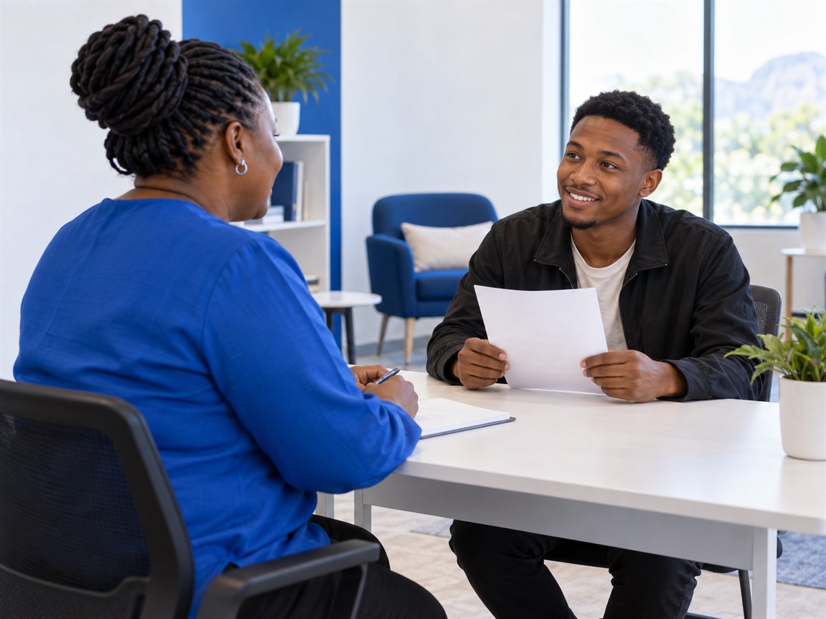 A BDH staff member supporting a job seeker with their CV